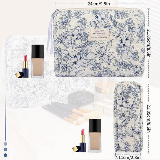 Floral Makeup Bag, Small Cosmetic Bag for Women Girls, Cute Cotton Makeup Bag, Quilted Makeup Bags, Flower Travel Toiletry Organizer Bag(Navy Blue)