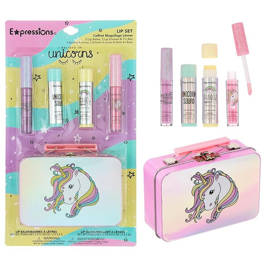 Expressions - 5pc Cosmetics Lip Kit For Kids w/Lip Glosses, Lip Balms & Tin Box Storage Case,I Believe in Unicorns Hologrpahic,Washable + Non Toxic