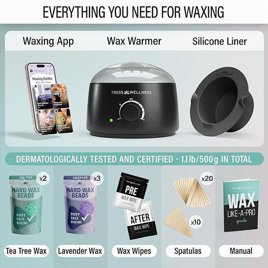 Tress Wellness Waxing Kit for Sensitive Skin – Safe for Face & Skin, Prep & Aftercare Spray, Easy to Use – At-Home Kit for Face, Bikini, Brazilian & Full Body – Black, No Display