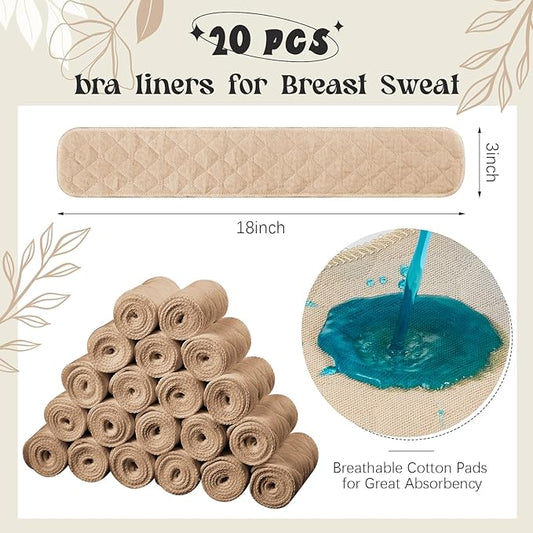 Toulite 20 Pcs Bra Liners for Sweat 18x3 Inch 3 Layer Washable Rectangle Cotton Under Breasts Pads for Women Absorb Sweating