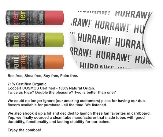 Hurraw! Cherry Lemon, Lime Coconut, and Vanilla Orange Lip Balm 3 Pack Bundle: Plastic-Free with new cardboard push-up tube. Certified Organic, Natural & Vegan. Bee, Shea, Soy & Palm Free. Made in USA