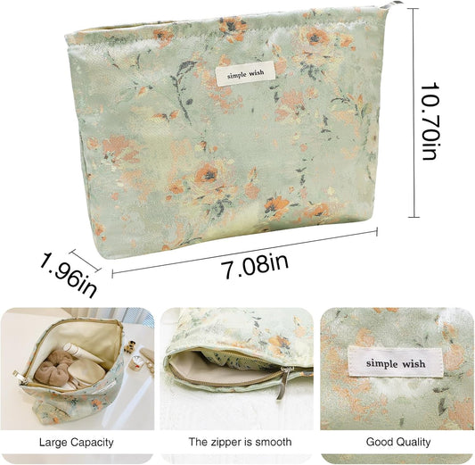 Wudygirl Aesthetic Makeup Bag Large Capacity Cosmetic Bag Canvas Makeup Pouch Toiletry Bag for Women and Girls Travel Floral Make up Bag Makeup Organizer with Zipper (Oli Rose)