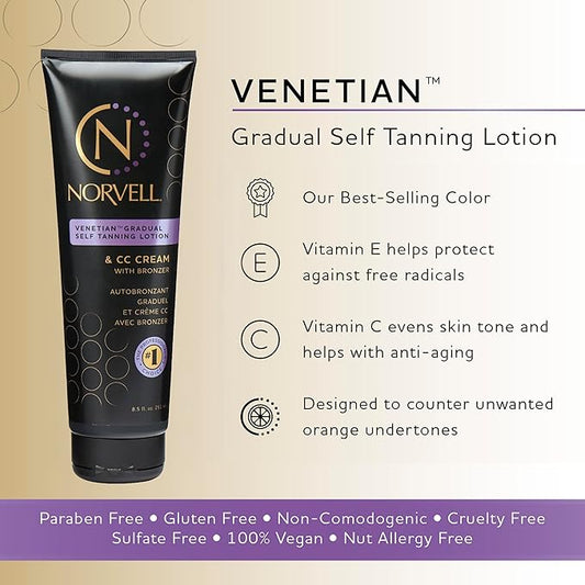 Norvell Venetian Sunless Self Tanner Gradual Color Extender Lotion 8.5 fl oz – Moisturizing Self Tanning Cream with Violet & Brown Tones, Instant Bronzer, Natural Fake Tan