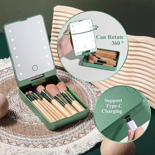 BS-MALL Travel Makeup Brush Set Foundation Powder Concealers Eye Shadows Makeup Set with LED light Mirror 14 Pcs (Green)