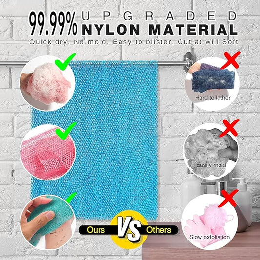 UJFQBH 3 Pieces African exfoliating net African Net Long Net Bath Sponge Exfoliating Shower Body Scrubber Back Scrubber Skin Smoother,Great for Daily Use (Pink, Blue, Green)