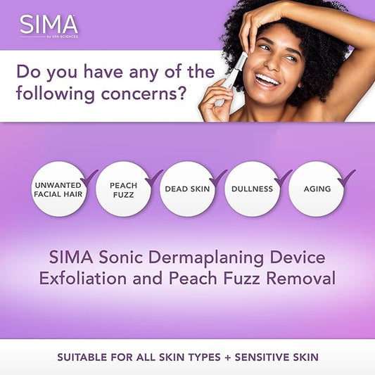 SPA SCIENCES - SIMA Patented Dermaplane Razor for Women Face – Painless 2-in-1 Facial Exfoliation & Peach Fuzz Hair Removal – Anti-Aging – 3 Speeds – Rechargeable – 7 Weeks Treatment