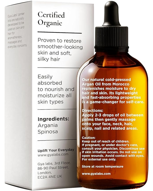 Gya Labs Organic Argan Oil for Hair - 100% Pure Natural Cold-Pressed Moroccan Argan Carrier Oil for Skin, Face, Nail, Lotions, Soaps & Conditioners (3.4 Fl Oz) - Soothing & Moisturizing