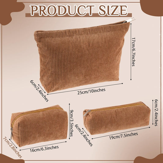 3 Pcs Makeup Bag Set for Women Corduroy Cosmetic Pouch Aesthetic Smile Travel Toiletry Bag Cute Purse Pouch Pencil Case Makeup Brushes Storage Organizer for Christmas(Brown,Solid Style)