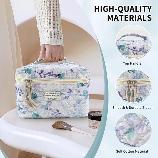 Cute Quilted Floral Makeup Bag(3Pcs),Coquette Aesthetic Cosmetic Bag,Travel Toiletry Bags, Kawaii Aesthetic pouch for Women (2 - Long Branch Flower)