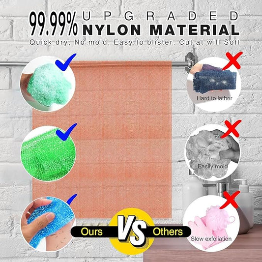 UJFQBH 3 Piece Bright Style African exfoliating net Exfoliating Shower Set Long Bath Sponges for Smooth, Refreshed Skin, The Exterior Gleams - Ideal for Daily Use (Bright Pink, Blue, Green)