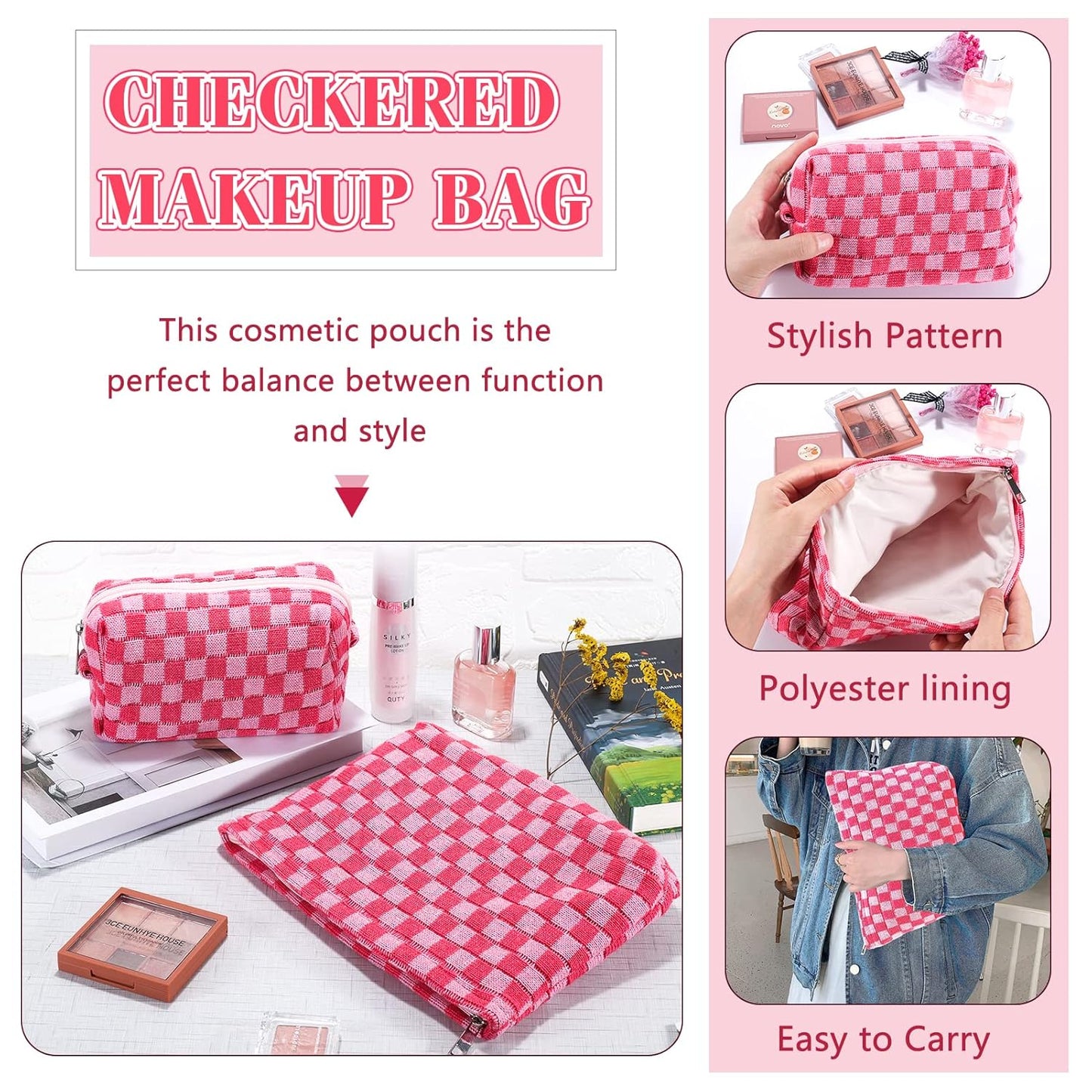 ZLFSRQ 2Pcs Makeup Bag Checkered Cosmetic Bag Set Travel Toiletry Bags for Purse Large Small Makeup Pouch for Women Cute Preppy Pencil Pouch Case Pink Zipper Skincare Bags