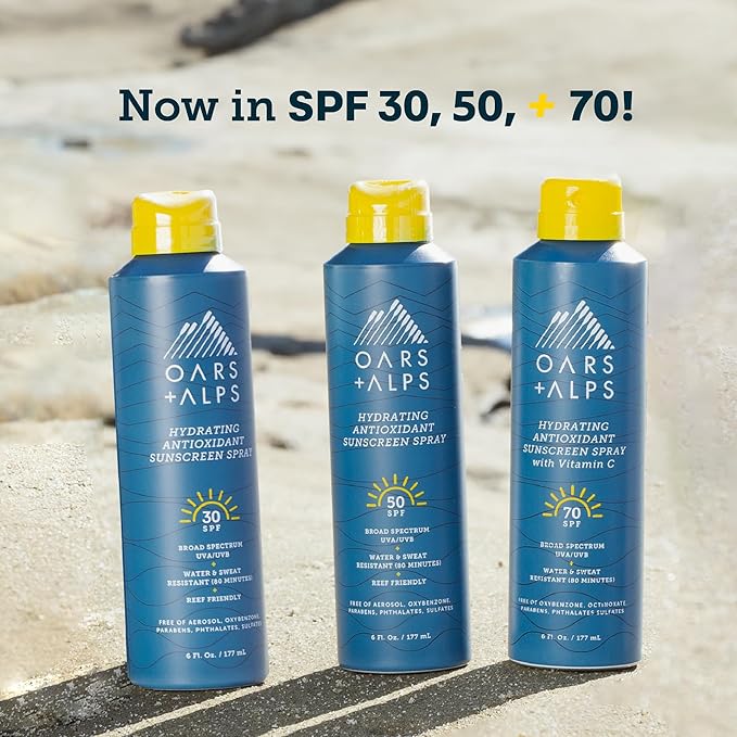 Oars + Alps Hydrating SPF 30 Sunscreen Spray, Naturally Derived Skin Care Infused with Vitamin C and Antioxidants, Water and Sweat Resistant, 6 Oz, 1 Pack