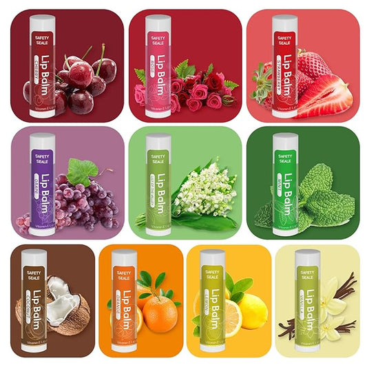 10 Pack Natural Lip Balm Bulk with Vitamin E and Coconut Oil Valentine's Day best choice - Moisturizing, Soothing, and Repairing Dry and Chapped Lips - 10 Flavors - Non-GMO
