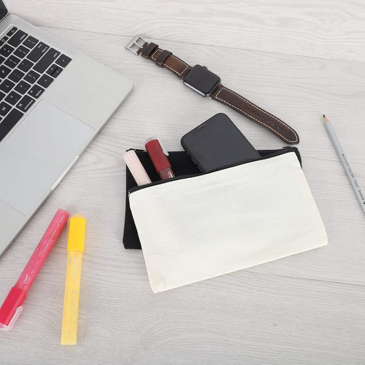 12 Pieces Cotton Canvas Makeup Bag, Multipurpose Cosmetic Bag with Zipper Travel Toiletry Pouch, Blank DIY Craft Bag (Grey, L)