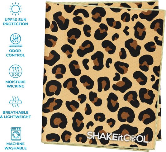 SHAKEitCOOL Extended Size Cooling Towel – Be Cool in Style - Heat Relief, Soft, Lightweight, Sun Protection, Easy Clean - Perfect for Biking, Hiking, Running, Yoga, Golf, Gardening - Cheetah Print M