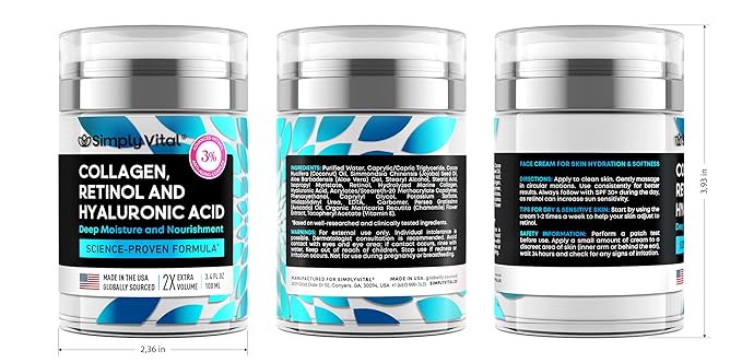 SimplyVital Collagen, Retinol & Hyaluronic Acid Cream - Anti-Aging Retinol Cream for Face, Neck & Décolleté - Made in USA - Daily Moisturizer Face Cream - 3.38 fl oz