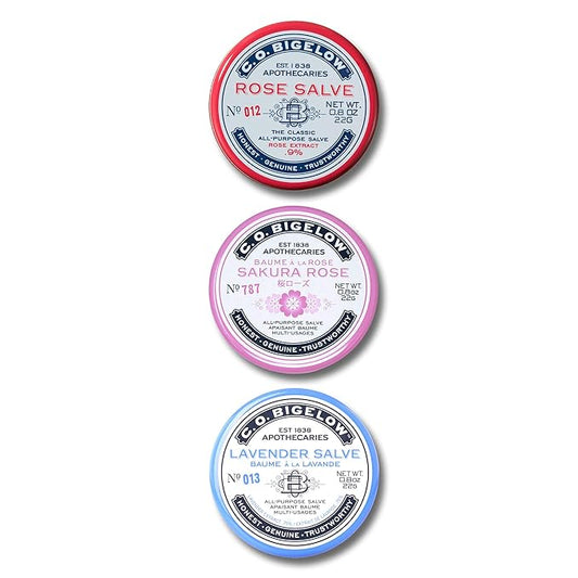 C.O. Bigelow All Purpose Salves, Variety Pack of 3 Lip Balm Tins for Chapped Lips & Dry Skin - Classic Rose, Lavender & Sakura Rose Moisturizing Lip and Skin Salves, 0.8 oz each