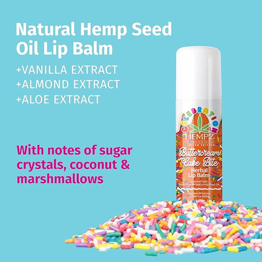 HEMPZ Natural Lip Balm - Buttercream Cake - Hemp Seed Oil, Shea Butter, Coconut & Avocado Oil with Vanilla, Sugarcane, Sweet Almond Moisturizing Lip Care Hydrating Lip Repair Balm - 0.5 oz Stick