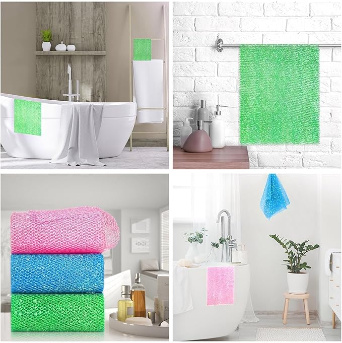 UJFQBH 3 Piece Bright Style African exfoliating net Exfoliating Shower Set Long Bath Sponges for Smooth, Refreshed Skin, The Exterior Gleams - Ideal for Daily Use (Bright Pink, Blue, Green)