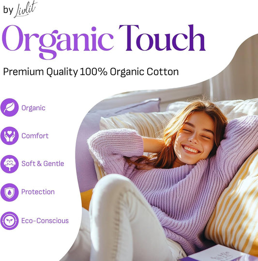 Livlit Super Long Overnight Sanitary Pads, 100% Organic Cotton from Texas, Heavy Absorbency, Powerful Leak Protection, Unscented, Extra Long Length Pads for Women (10 Count)