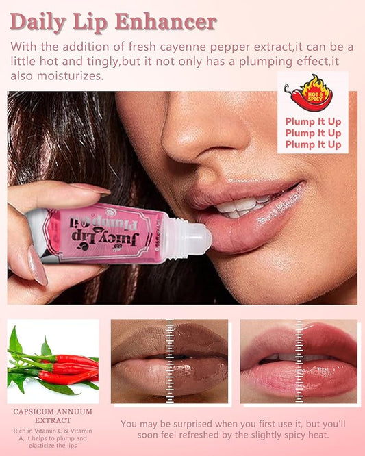 Plumping Lip Oil Kit-3Pcs Hydrating Glossier Tinted Lip Gloss,Long Lasting Lip Plumper and Pout Booster LIpgloss, Moisturizing Non-Sticky Natural Fuller Lip Tint Stain, Makeup Gift for Women-Set B