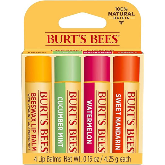Burt's Bees Lip Balm - Original Beeswax, Cucumber Mint, Watermelon & Sweet Mandarin, With Responsibly Sourced Beeswax, Tint-Free, Natural Origin Treatment, 4 Tubes, 0.15 oz.