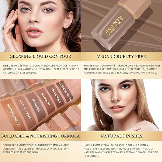 KIMUSE Soft Liquid Contour Stick, Glow Liquid Cream Bronzer, Weightless, Long-Wearing, Smudge Proof, Natural-Looking, Blendable, Bronzer Makeup