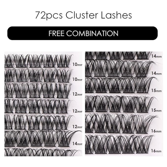 Cluster Lashes 72 Individual Lashes Clusters Eyelash Extensions False Eyelashes DIY Lash Extension Kit Reusable False Eyelashes Natural Look Mix 10-16mm C D Curl-DM01
