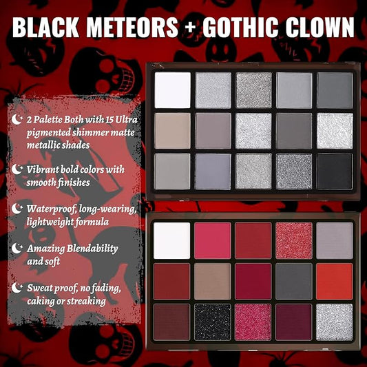 UCANBE 2pcs Halloween Eyeshadow Palette Makeup Set, Black Red Colors Shimmer Matte Metallic Smokey Dark Eye Shadow Pallet with Soft Brush Kit, Goth Eye Make Up for Costume Joker Clown Vampire