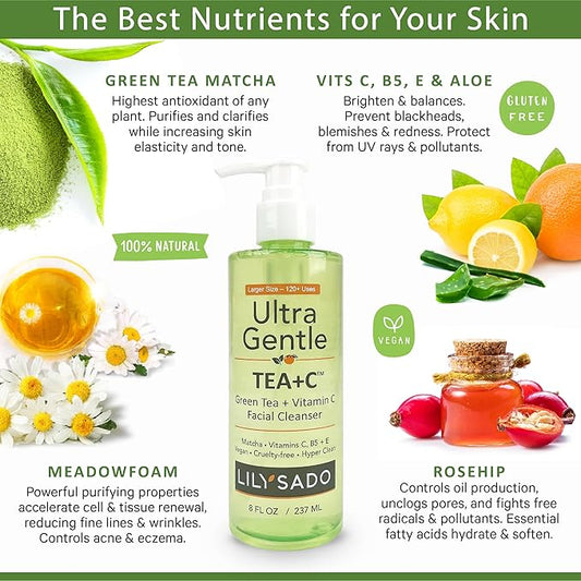 LILY SADO TEA+C™ Green Tea & Vitamin C Face Cleanser – Natural Vegan Antioxidant Daily Face Wash with Aloe, Rosehip, Meadowfoam - Gentle Deep Cleansing for Acne, Blackheads, Blemishes. 8 oz