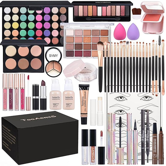 All in One Makeup Kit Makeup Kit for Women Full Kit Multipurpose Makeup ,eyeshadow、 liquid foundation,Loose powder,Eyebrow pencil,4-color lip gloss set