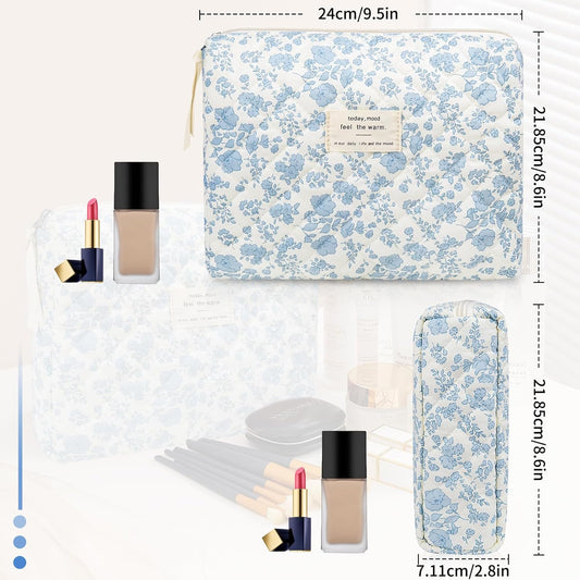 2PC Makeup Bag Set, Cute Cosmetic Bag for Women Girls, Floral Coquette Aesthetic Toiletry Bag, Travel Make Up Organizer Bag (Blue Floral)