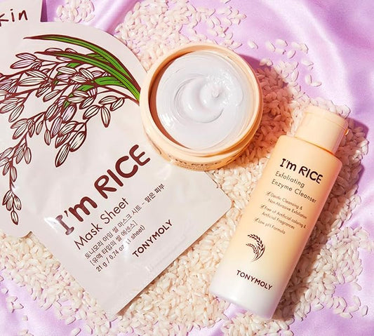 TONYMOLY I'm Rice Clarifying Skincare Set – 3-Step Face Care for Clear, Hydrated Skin – Includes Enzyme Powder Cleanser, Blemish Mask & Nourishing Sheet Masks – Gentle Exfoliation & Oil Control