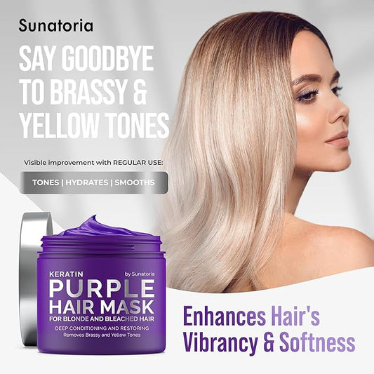 SUNATORIA New Keratin Purple Hair Mask- Blonde Hair Purple Toner - Repair & Nourishment Treatment For Bleached, Brassy Hair - Blue Hair Mask, No Yellow Tones - Deep Conditioner For Color Treated Locks