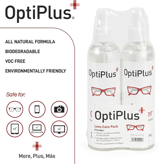 OptiPlus 16oz Lens Cleaning Care Pack | All Natural Eyeglass Cleaning Kit | Eyeglass Cleaner Spray | Lens Wipes | Microfiber Cloth | VOC and Alcohol Free