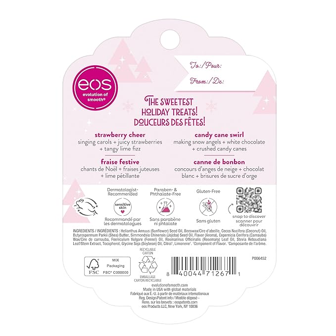 eos Holiday Lip Balm Gift- Strawberry Cheer & Candy Cane Swirl, Stocking Stuffers, All-Day Moisture Lip Care, 0.14 oz, 2-Pack