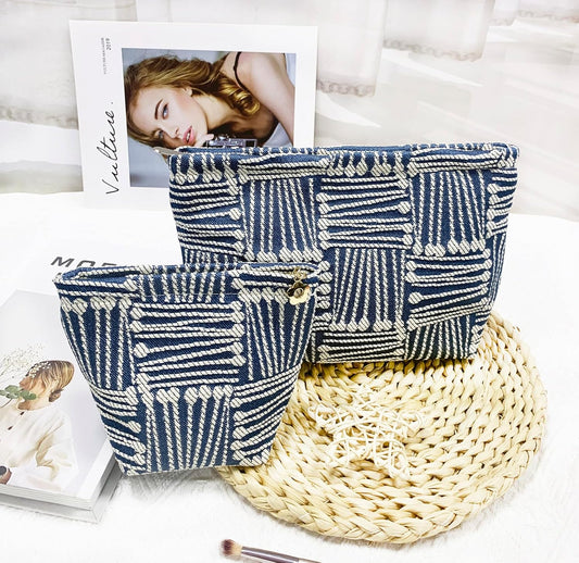 2 Pcs Makeup Bags, Large Cosmetic Bag Travel Toiletry Bag Organizer for Women, Embroidery Craft, Stripe Makeup Bag Small Cosmetic Pouch Purse with Zipper Gifts for Girls Teen