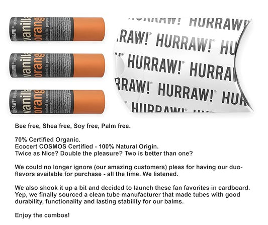 Hurraw! Vanilla & Orange Lip Balm, 3 Pack: Plastic-Free with new cardboard push-up tube. Certified Organic, All Natural Origin, Vegan & Cruelty Free. Gluten, Bee, Shea, Soy & Palm Free. Made in USA