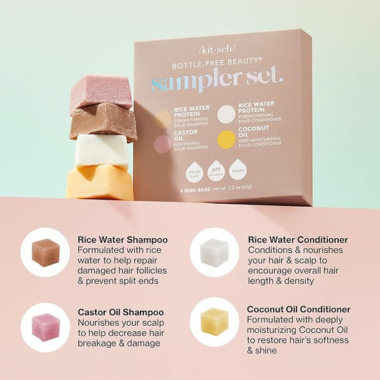 Kitsch Shampoo and Conditioner Set - 4pc Sampler Bars with Rice Water Shampoo and Conditioner, Castor Oil Shampoo & Coconut Oil Conditioner - Bottle-Free Beauty for Hair Growth, Repair & Moisture