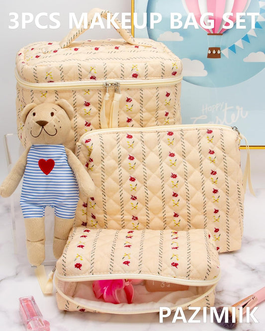 PAZIMIIK 3PCS Makeup Bag SET Large Travel Quilted Zipper Soft Cosmetic Case Pouch for Women Girls Make Up,Little Flower Beige