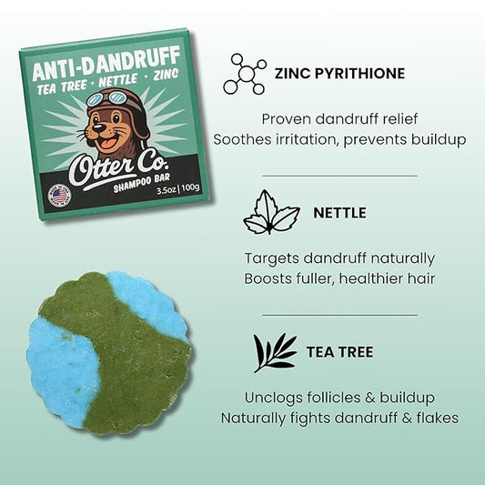 Otter co. Anti Dandruff Tea Tree Shampoo Bar – Nettle, Zinc, Green Tea, Apple Cider Vinegar, Anti Fungal Shampoo – Vegan, Natural, Cruelty & Sulfate Free – All Hair Types & Dry Scalp, USA Made