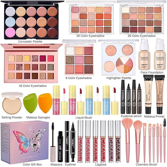 All in One Makeup Kit, Make Up Gift Set for Women, Makeup Kit for Women Full Kit, Includes Foundation Face Primer Eyeshadow Concealer Liquid Blush Lipgloss Eyeliner Mascara Cosmetic Brushes Set