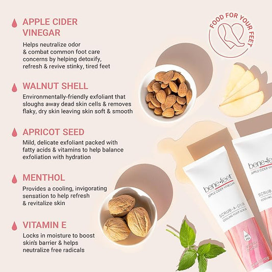 Benefeet Scrub-A-Dub Cooling Foot Scrub - Exfoliates + Refreshes Dry + Dull Skin, Get Smoother Skin from Heel to Toe, Made w/Vitamin E, Apple Cider Vinegar, Walnut Shell + Apricot Seed, 4 oz (2 Pack)