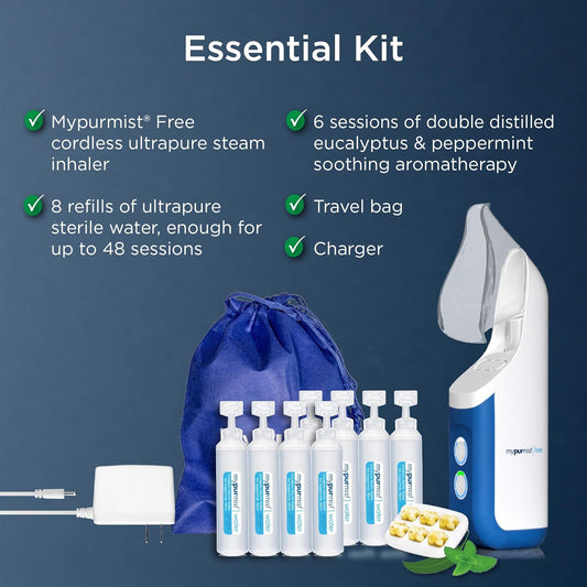 Mypurmist Free Ultrapure Cordless Steam Inhaler - Handheld Personal & Battery-Powered Steamer, Vaporizer & Humidifier for Sinus Relief, Nasal Congestion, Cold & Cough, Vocal Care