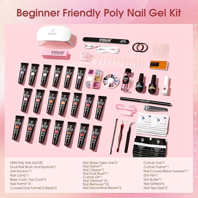 Poly Nail Gel Kit -20 Colors + 76 Nail Art Accessories ROSALIND Nude Clear Poly Nails Gel Kit Starter Kit with Slip Solution Nude Pink Nails Extensions with Mini UV Lamp