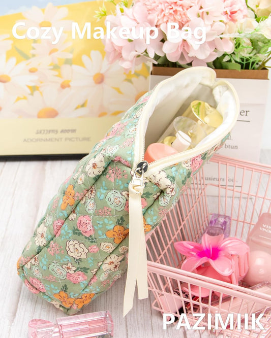 PAZIMIIK Quilted Makeup Bag Large Travel Zipper Soft Cosmetic Pouch for Women Girls Make Up,Green Flower