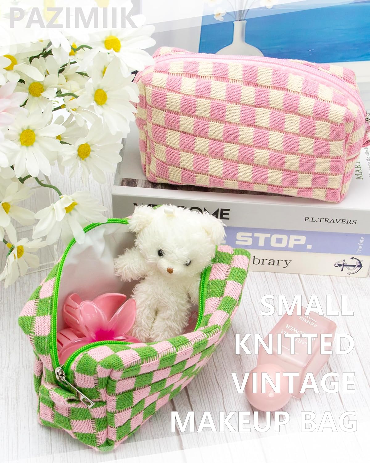 PAZIMIIK Checkered Makeup Bag for Purse Portable Zipper Make Up Pouch Small Cosmetic Case for Travel Accessories Pink Green