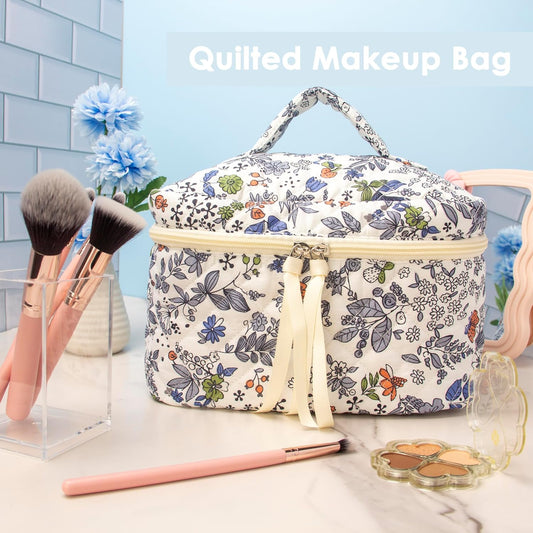 PAZIMIIK Quilted Makeup Bag Large Travel Zipper Soft Cosmetic Case for Women Girls Make Up,Leaf White