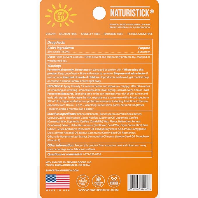 Naturistick SPF 30 Vegan Lip Balm β Mineral Sunscreen with Zinc Oxide | Broad Spectrum UVA/UVB Protection | 100% Natural, Coral-Friendly Formula | Oxybenzone Free | 5-Pack Citrus | Made in USA