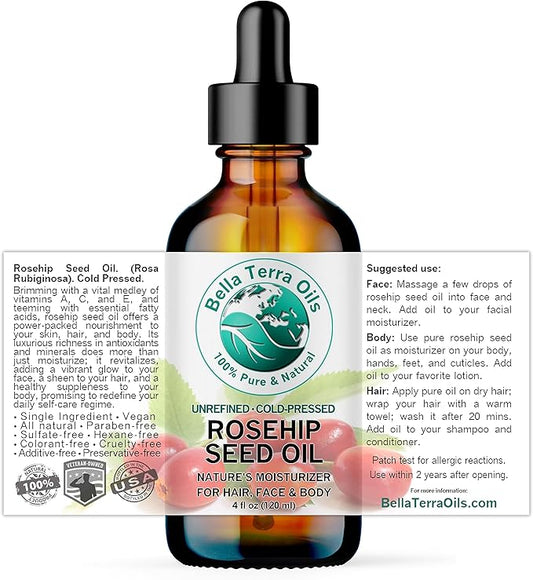 Bella Terra Oils - Organic Rosehip Oil 4 oz - Hailing from The Finest Rosa Mosqueta, Abundant in Omega-6 & Omega-3 Fatty Acids, Pure Radiance for Face